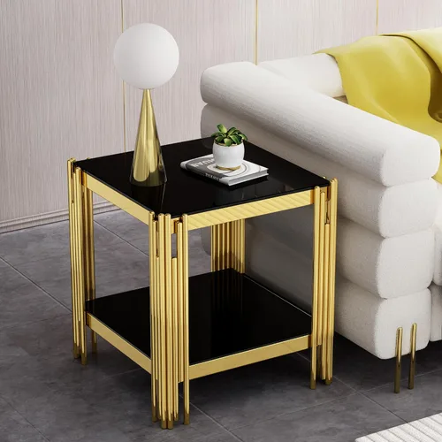 Vista 15 de Mesa auxiliar rectangular de vidrio de 48 pulgadas, mesa de centro de 2 niveles con parte superior de vidrio templado negro, patas de acero