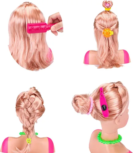 Vista 6 de Cabeza de muñeca para peinar y maquillar para niñas con accesorios y secador de pelo (Estilo A)