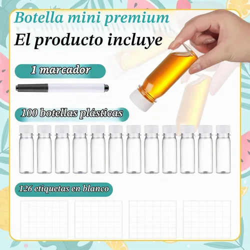 Vista 4 de FoldTier 100 botellas de plástico para chupitos de jugo con tapas, botellas pequeñas de chupitos de jengibre transparentes para líquidos, tarros