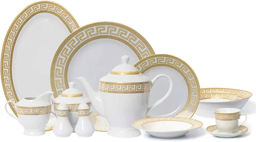 Vista 2 de Vintage Gold - Juego de vajilla de 60 piezas con texto en inglés "Greek Key Gold", servicio de vajilla de porcelana fina de alta calidad para 12