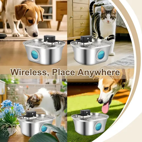 Vista 7 de Fuente de agua inalámbrica para gatos, acero inoxidable, dispensador de agua grande de 3.2 L para perros con boquilla, alimentador automático