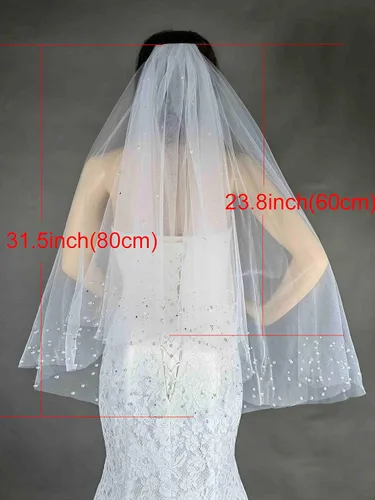Vista 5 de AMAJIERUIZE Velo de novia corto de 2 niveles para mujer con peine de metal