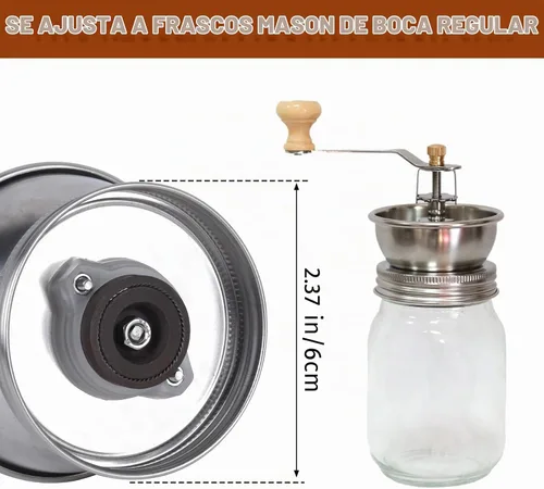 Vista 3 de Molinillo de café de tarro masón, accesorio de tapa manual para tarros Mason de boca regular, tapa de tarro Mason de acero inoxidable y rebabas