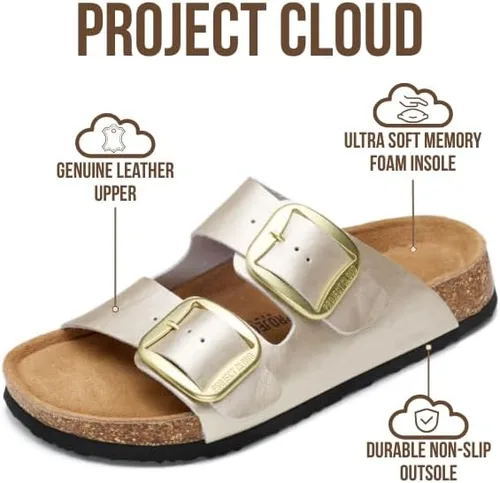 Vista 2 de Project Cloud - Sandalias planas de cuero genuino para mujer, cómodas sandalias esenciales de playa para mujer, de espuma viscoelástica, calzado