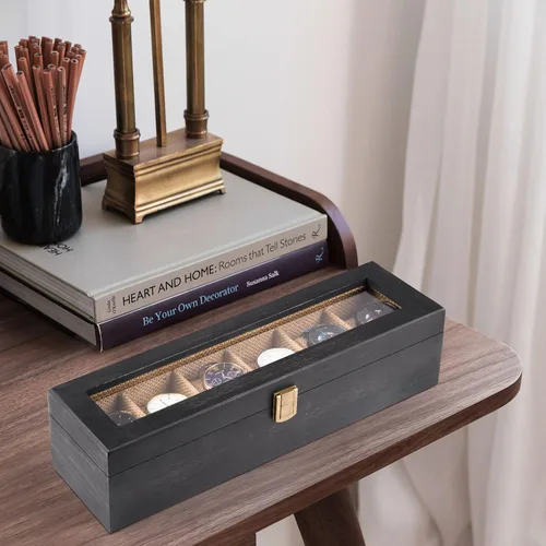 Vista 4 de Alsonerbay Caja de reloj con 6 ranuras para hombres y mujeres, organizador de reloj negro, soporte de almacenamiento de madera con cerradura