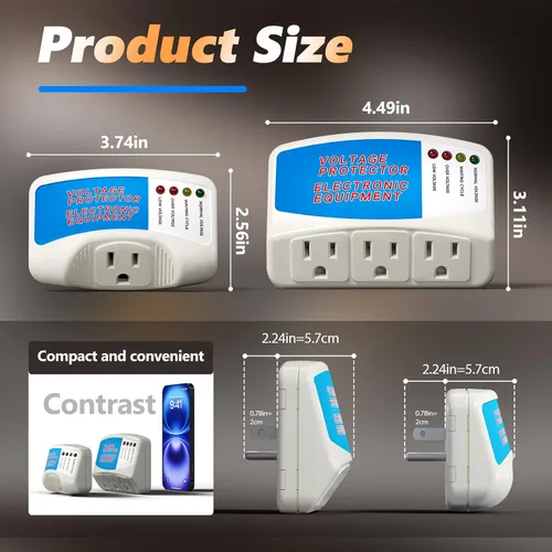 Vista 2 de BSEED Regleta protectora de sobretensiones para electrodomésticos, protector de sobretensiones de 3 tomas, protector de voltaje para refrigerador