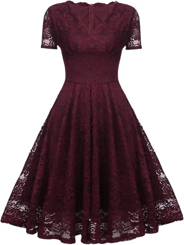 Vista 5 de SEBOWEL Women Floral Lace V Neck Short Sleeve Formal Dress Swing A-Line Wedding Bridesmaid Cocktail Party Midi Dresses