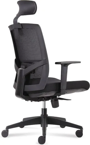 Vista 2 de Silla de oficina con respaldo alto con asiento de malla negra y reposacabezas con mecanismo sincronizado de tela negra, cojín de asiento grueso