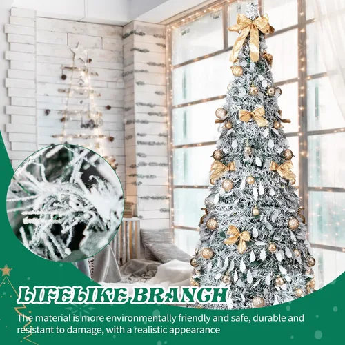 Vista 9 de Árbol de Navidad desplegable de 7 pies con luces, árbol de Navidad plegable preiluminado con 170 luces blancas cálidas y 8 modos intermitentes Verde