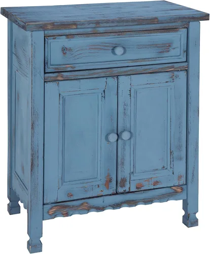 Vista 8 de Gabinete de acento de cabaña rústica con 1 cajón y 2 puertas en acabado azul antiguo para sala de estar - Requiere ensamblaje, madera desgastada
