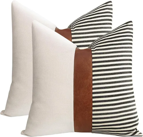 Vista 13 de Cygnus - Juego de 2 fundas de almohada de 16 x 16 pulgadas hechas de lino y de la unión de distintas telas con diseño de rayas para decoración Negro
