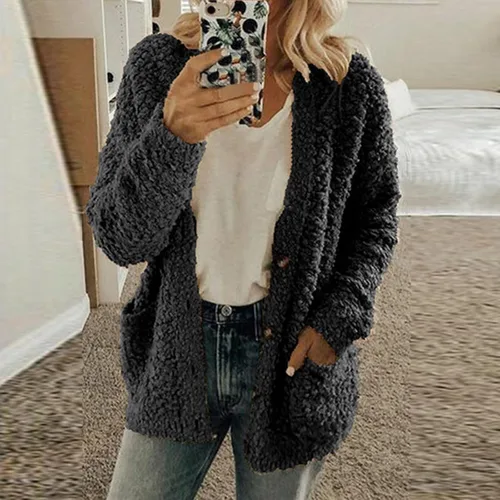 Vista 2 de Blasgw Chaqueta de forro polar mullido para mujer, con botones, con capucha, cómoda, de gran tamaño, con bolsillo
