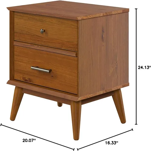 Vista 9 de Mesita de noche Mid-Century con dos cajones, fabricada con madera maciza, acabado castañón Castañho