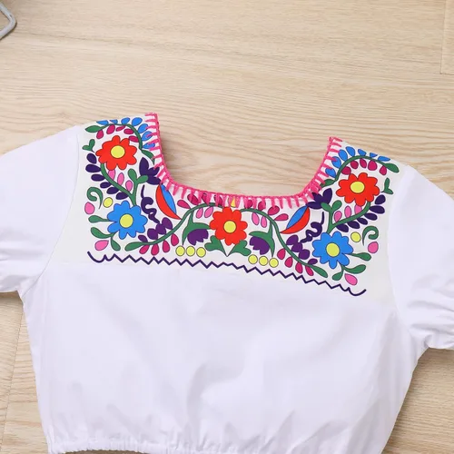 Vista 4 de IBTOM CASTLE Traje de fiesta tradicional mexicana para niña con falda bordada para pañales, ropa para sesión de fotos