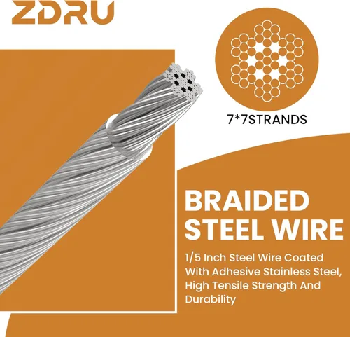 Vista 4 de Cable de seguridad de acero inoxidable de 10 pies y 0.197 in con ganchos, cable flexible trenzado de doble bucle recubierto de acero