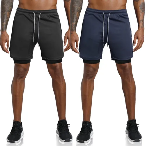 Vista 2 de Leidowei - Pantalones cortos 2en1, ligeros, de 7pulgadas y con bolsillos con cremallera para hombre, para entrenamiento, correr, hacer yoga