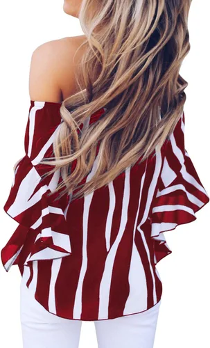Vista 3 de Asvivid - Blusas veraniegas de hombros descubiertos, con mangas de 34 acampanadas, lazo decorativo y estampado floral, para mujer, camiseta