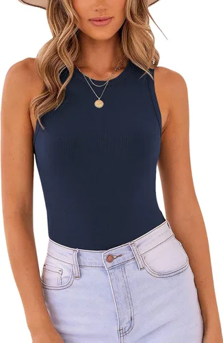 Vista 5 de MISSJOY - Camiseta básica sin mangas para mujer, con espalda cruzada y cuello halter acanalado 1-ejército verde blanco