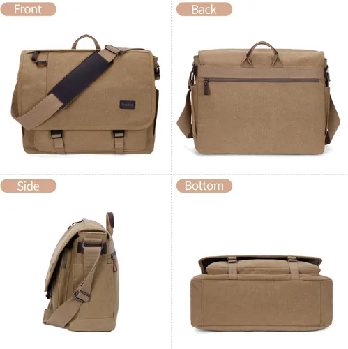 Vista 7 de NerIion Bolsa de Mensajero para Hombres de 17-17.3 Pulgadas, Bolsa de Laptop de Lona Resistente al Agua, Bolsa de Hombro, Maletín de Trabajo, Marrón