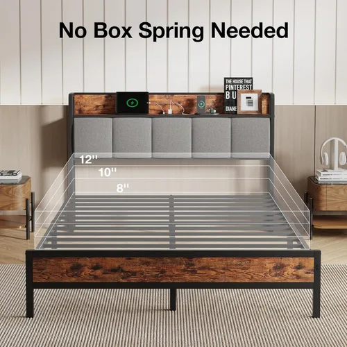 Vista 7 de Novilla Base de cama Queen con estación de carga USB/tipo C y cabecera de almacenamiento, marco de cama de plataforma de metal moderno, fácil