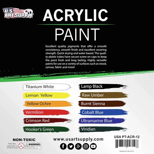 Vista 3 de U.S. Art Supply Juego de pintura acrílica profesional de 12 colores en tubos de 0.4 fl oz, pigmentos ricos en colores vivos para artistas