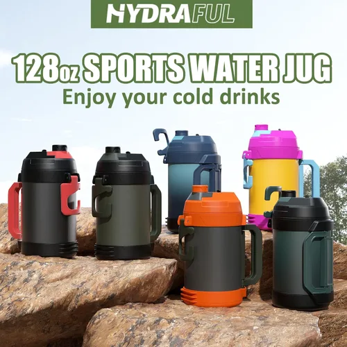 Vista 6 de Hydraful Jarra de galón, botella de agua grande de 128 onzas, jarra deportiva de acero inoxidable aislada, botella de agua de triple pared de vacío