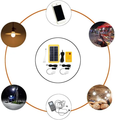 Vista 5 de Kit de luz de emergencia de panel solar de 3 W, generador solar, 4 cabezales, cable de cargador USB con 2 bombillas LED para acampar al aire libre