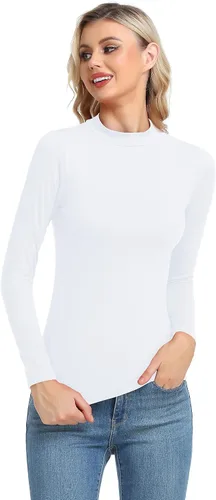 Vista 2 de Camiseta térmica básica de manga larga para mujer, ligera, con cuello alto falso, ajustada, capa suave