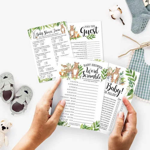 Vista 2 de Hadley Designs 25 Woodland Word Scramble para baby shower, 25 juegos verdaderos o falsos, 25 juegos de trivia, 25 Find the Guest - 4 tarjetas