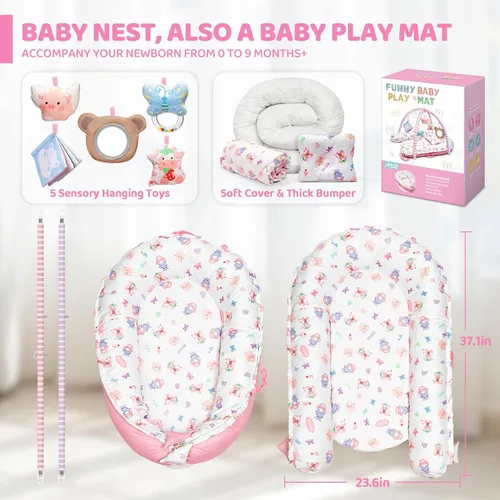 Vista 8 de Tapete de juego rosa para bebé, 7 en 1, tapete de gimnasio infantil para desarrollo sensorial y motor, lavable y portátil, tapete de actividad