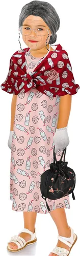 Vista 6 de 20 piezas de disfraz de anciana de Halloween para abuela, peluca de abuelita, vestido de tatuajes antiarrugas con rodillos, gafas de caña y collar
