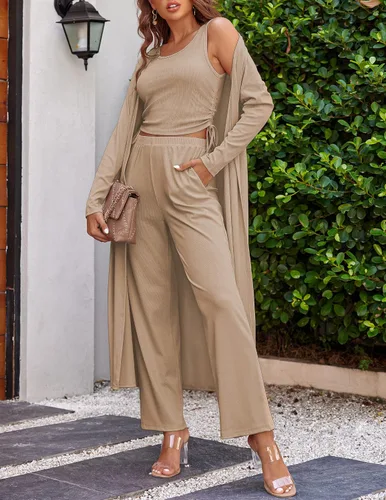 Vista 4 de Ekouaer - Conjunto de tres piezas para mujer de pijama de dormir, manga larga, cárdigan, top sin mangas y pantalones de sudadera, tallas S-XXL