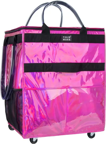 Vista 29 de Bolsa de comestibles reutilizable sobre ruedas, carrito de compras con 8 bolsillos y cubierta con cremallera, bolsa plegable con ruedas, asas