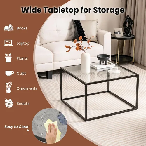 Vista 4 de COSTWAY Mesa auxiliar de cristal, mesa cuadrada de cristal de 27.5 pulgadas con marco de metal, mesa de té central moderna para sala de estar