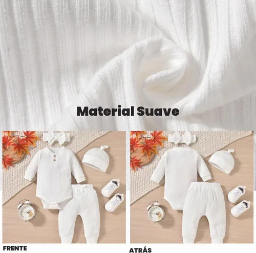 Vista 5 de Traje acanalado de manga larga neutral para bebé con sombrero y diadema Blanco