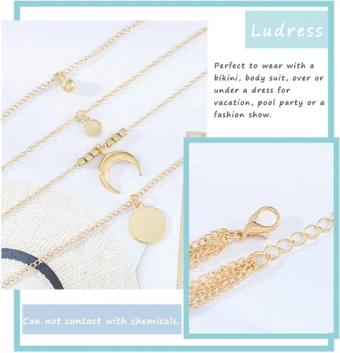 Vista 6 de Ludress - Collares dorados de diseño escalonado, con dijes de diamante de imitación, mariposa, luna y gargantilla accesorios de joyería para mujeres