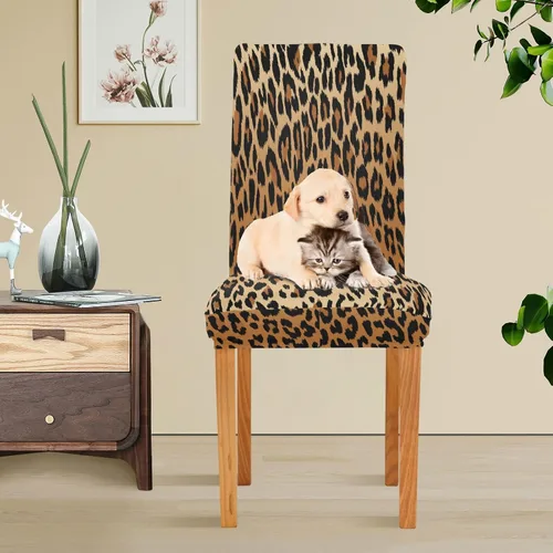 Vista 5 de Juego de 2 fundas elásticas para sillas de comedor con estampado de leopardo a la moda, fundas para sillas de cocina lavables, protector de asiento