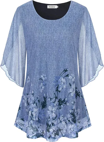 Vista 3 de Ninedaily Blusas de manga 34 para mujer, estilo casual, de doble capa, de malla, tipo túnica