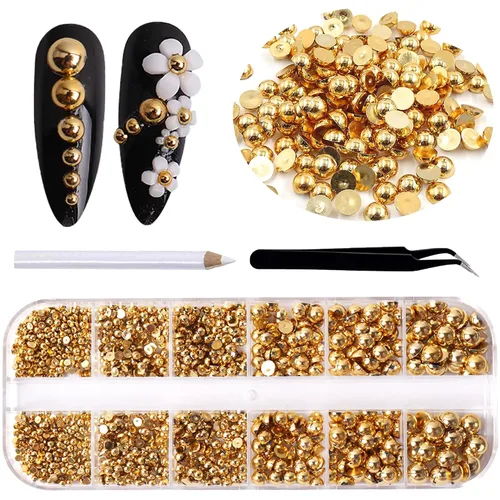 Vista 7 de RODAKY 2000 perlas medias para manualidades, perlas semicirculares con parte trasera plana para uñas, 6 tamaños, cuentas de perlas beige, diamantes
