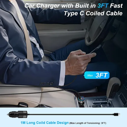Vista 6 de Cargador de Coche Súper Rápido de 48W USB C Adaptador de Coche Rápido Android con Cable de Carga Rápida Tipo C de 30W Integrado para Samsung Galaxy