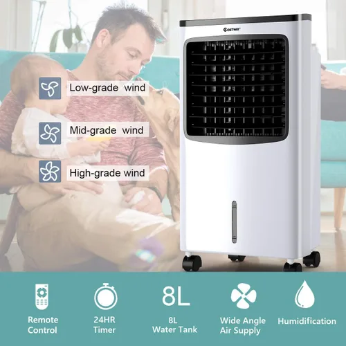 Vista 7 de COSTWAY Enfriador evaporativo, ventilador de refrigeración portátil con control remoto, 3 modos, función de temporizador de 3 velocidades y 7.5