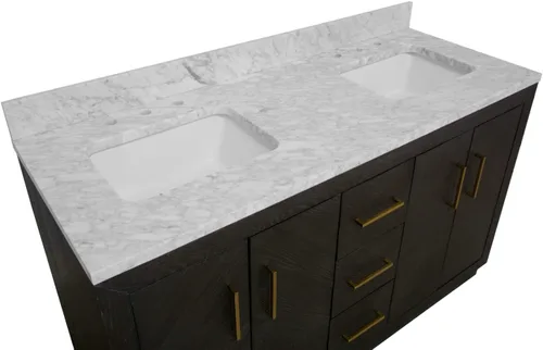 Vista 7 de Kitchen Bath Collection Peyton - Mueble de baño doble de 60 pulgadas (Carrara/roble oscuro): incluye gabinete de roble oscuro con impresionante