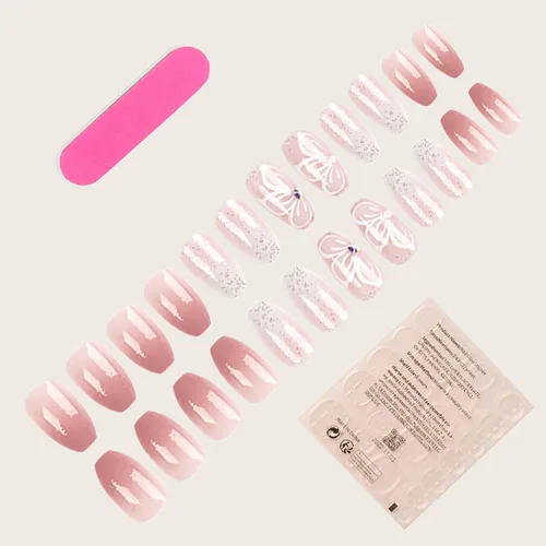 Vista 5 de Uñas postizas medianas con diseño de ataúd SWEKKE a presión, uñas postizas de cobertura completa rosa con diseños de flores, uñas adhesivas C1