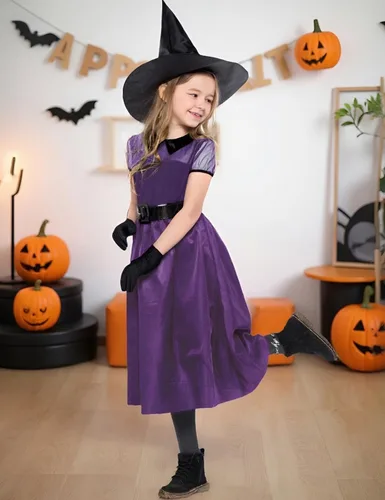 Vista 9 de AGQT Disfraces de bruja para niñas, disfraz de Halloween para niñas de 4 a 12 años