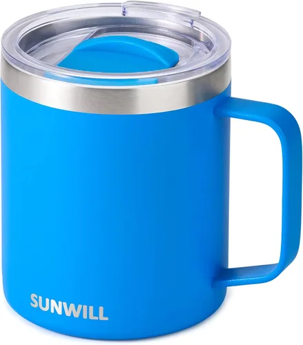 Vista 29 de SUNWILL - Taza de café de viaje con tapa, taza aislada con asa, taza de acero inoxidable de 14 oz para hielo, agua, té, color oro rosa