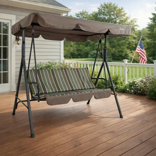 Vista 10 de Kozyard Alicia - Silla Columpio para Patio, Cómodos Asientos de 3 Cojines con Marco de Acero Resistente, Toldo Ajustable y Cojín Extraíble, Columpio