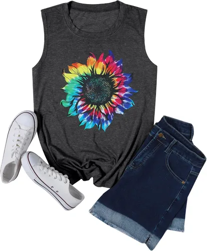 Vista 2 de JINTING - Camisetas sin mangas con estampado de girasoles para mujer de verano, camisetas sin mangas, con estampado y estilo bohemio