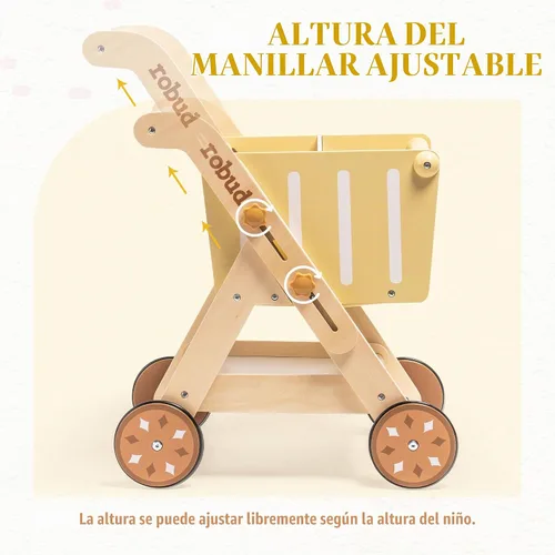 Vista 2 de ROBUD Cochecito de muñeca del andador del empuje del bebé, carro de compras Caminante de madera ajustable en altura para niños pequeños, aprendizaje
