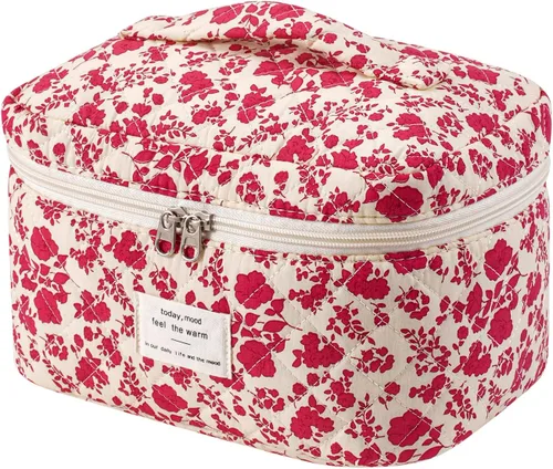 Vista 27 de uekeboag - Bolsa de maquillaje grande de viaje acolchada para mujer, neceser de algodón con estampado floral, neceser con estampado floral