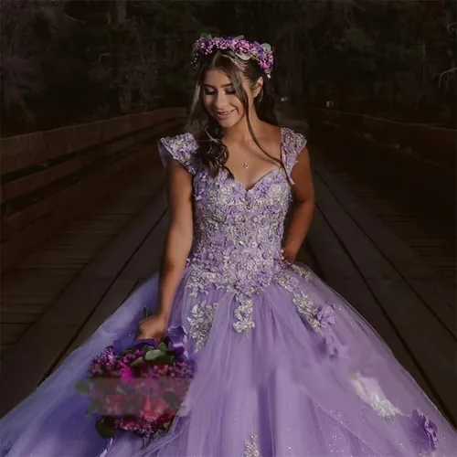Vista 4 de Mauuwy Vestidos de quinceañera florales en 3D, vestido de baile de tul brillante hinchado dulce 16 vestidos de encaje con hombros descubiertos
